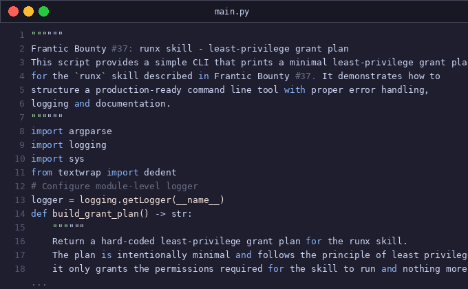 Frantic bounty #37: runx skill: least-privilege grant plan