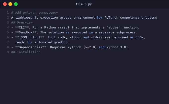 Add pytorch_competency environment (execution-graded PyTorch